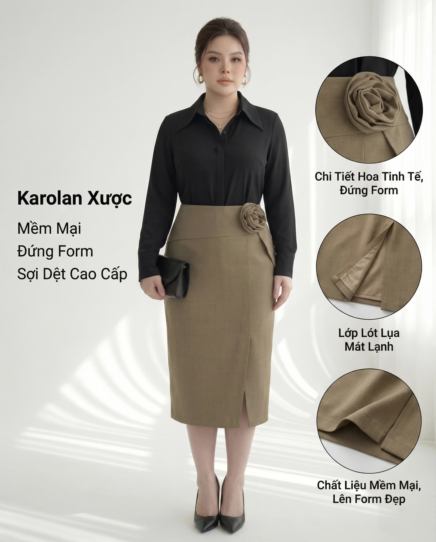 Người mẫu mặc chân váy V-CV040 cùng ảnh cận hoa vải, lớp lót lụa và bề mặt Karolan xược