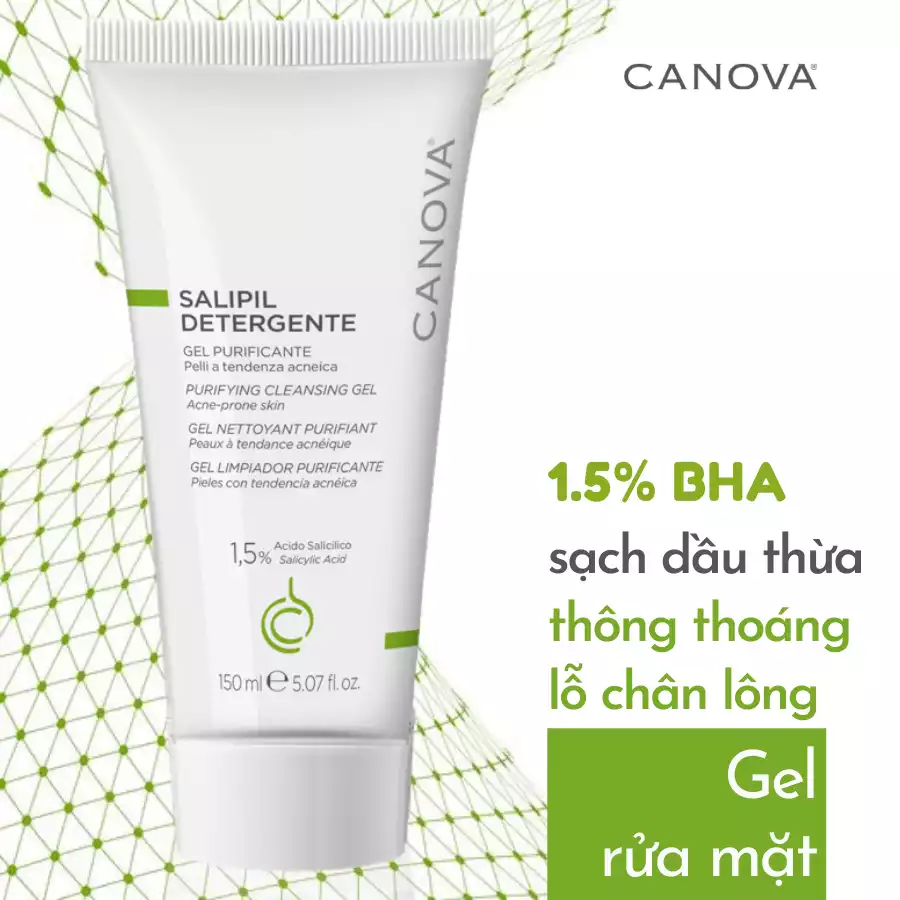 Gel rửa mặt cho da dầu mụn, nhạy cảm, thanh lọc da Canova Salipil Detergente 150ml