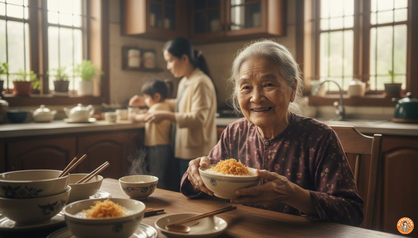 Người cao tuổi Việt Nam ăn cháo chà bông dinh dưỡng trong bếp gia đình