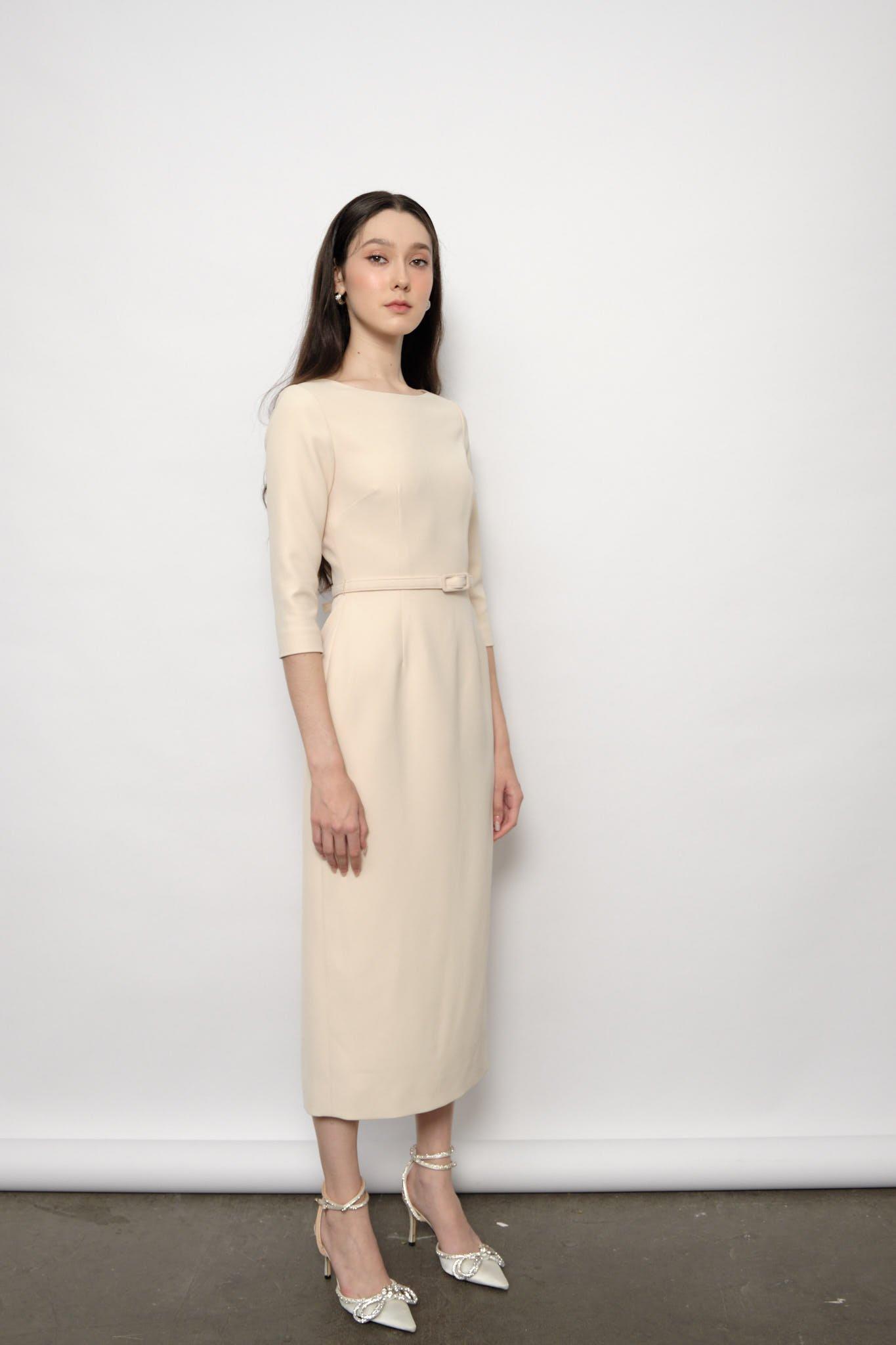 Boat-neck three-quarter-sleeve dress — view 1
