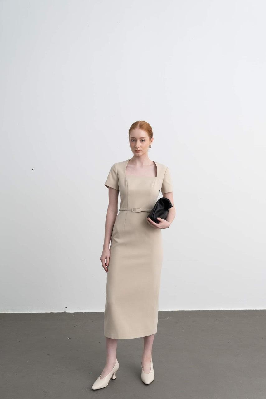 Square-neck belted dress — view 1