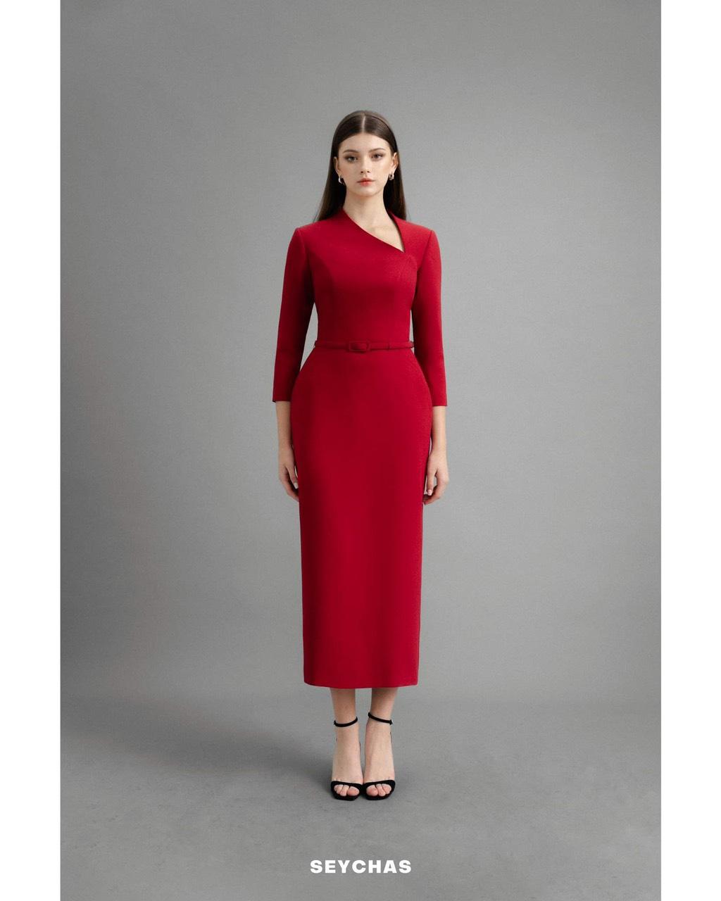 Asymmetric-neck belted dress — view 1