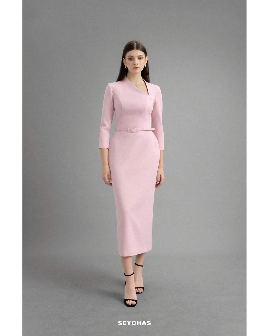 Asymmetric-neck belted dress — view 1