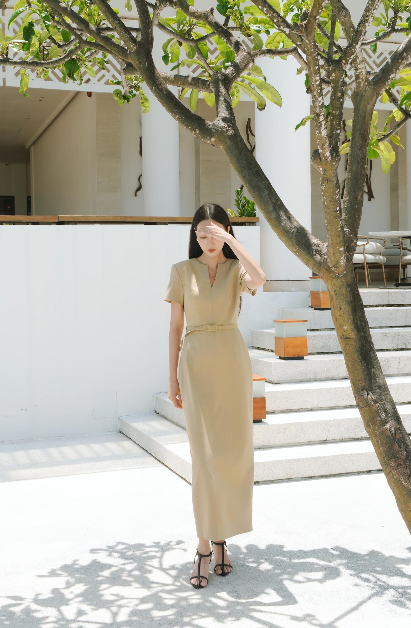 Split-v-neck long dress — view 1