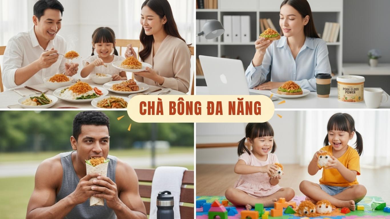 Hình ghép nhiều cách sử dụng chà bông sáng tạo từ bữa ăn gia đình, văn phòng đến thể thao và trẻ em, thể hiện tính đa năng của sản phẩm