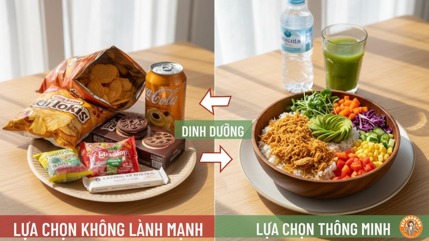 Hình ảnh so sánh hai bên: đồ ăn vặt không lành mạnh và chà bông kèm rau củ tươi, thể hiện lựa chọn dinh dưỡng thông minh