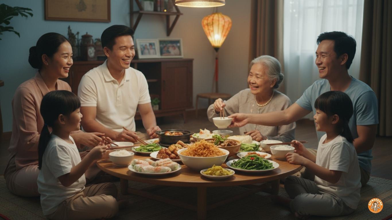 Bữa cơm gia đình Việt ấm cúng với chà bông và các món ăn truyền thống, nụ cười hạnh phúc, thể hiện giá trị bữa ăn sum vầy
