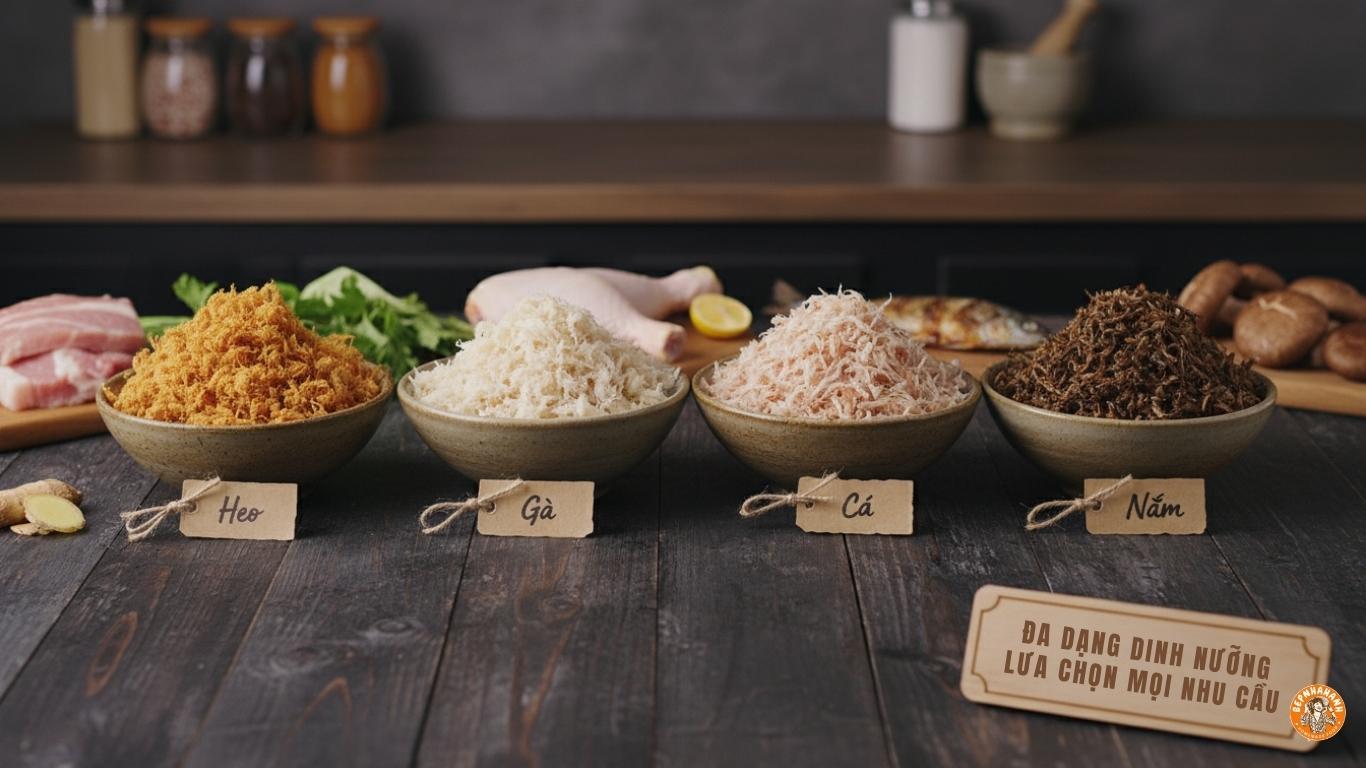 Bốn bát chà bông khác nhau xếp cạnh nhau (heo, gà, cá, nấm), thể hiện sự đa dạng dinh dưỡng và lựa chọn phù hợp mọi nhu cầu