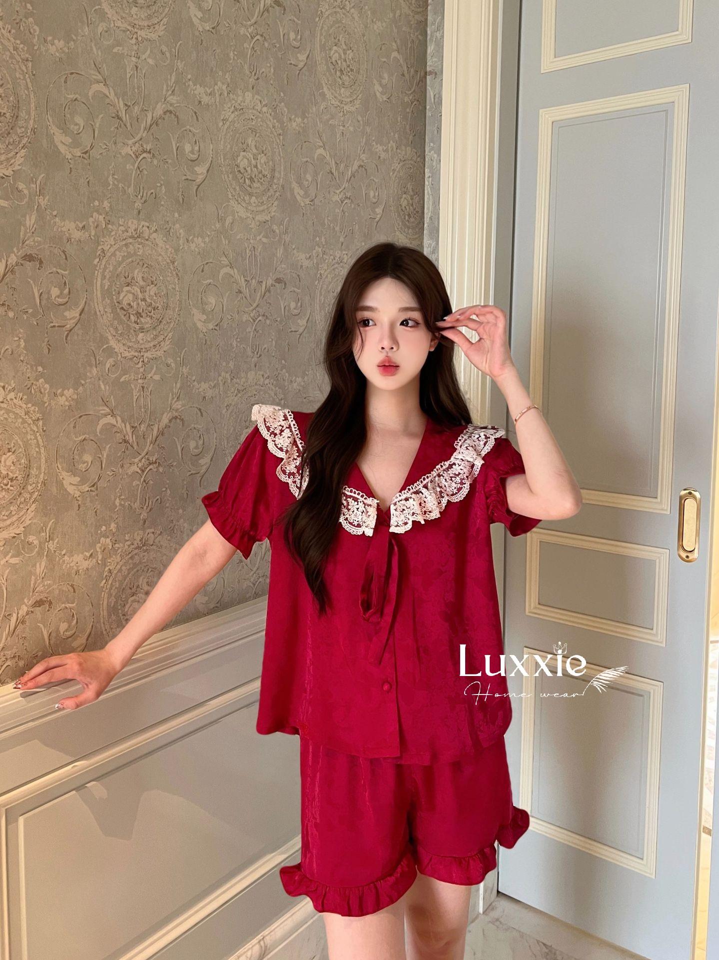 N108C Pijama lụa gấm hoa cổ ren trắng buộc nơ cộc đùi_22