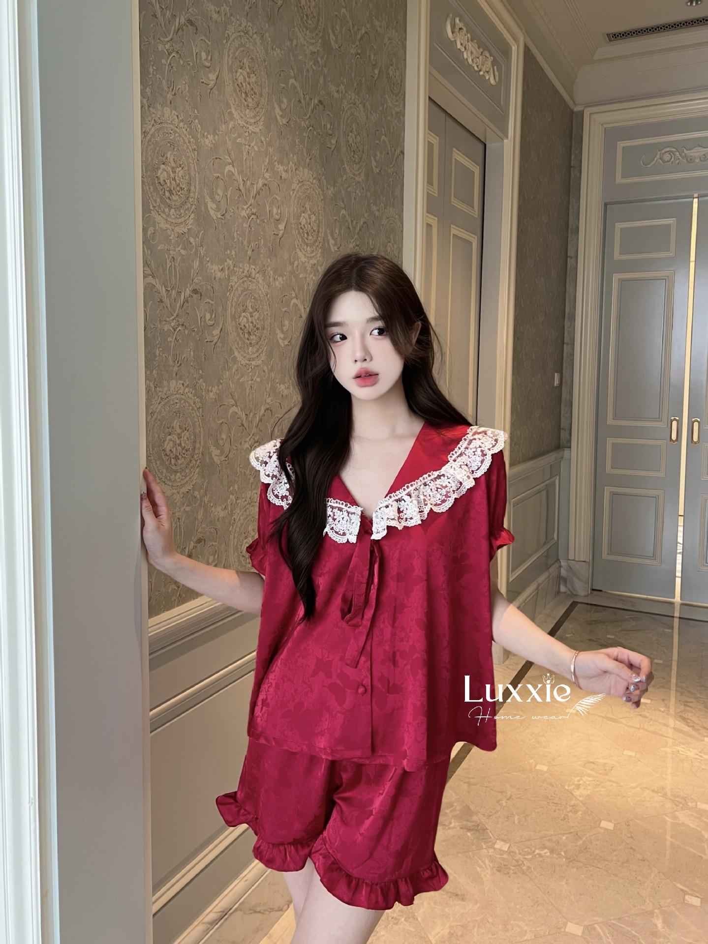 N108C Pijama lụa gấm hoa cổ ren trắng buộc nơ cộc đùi_21