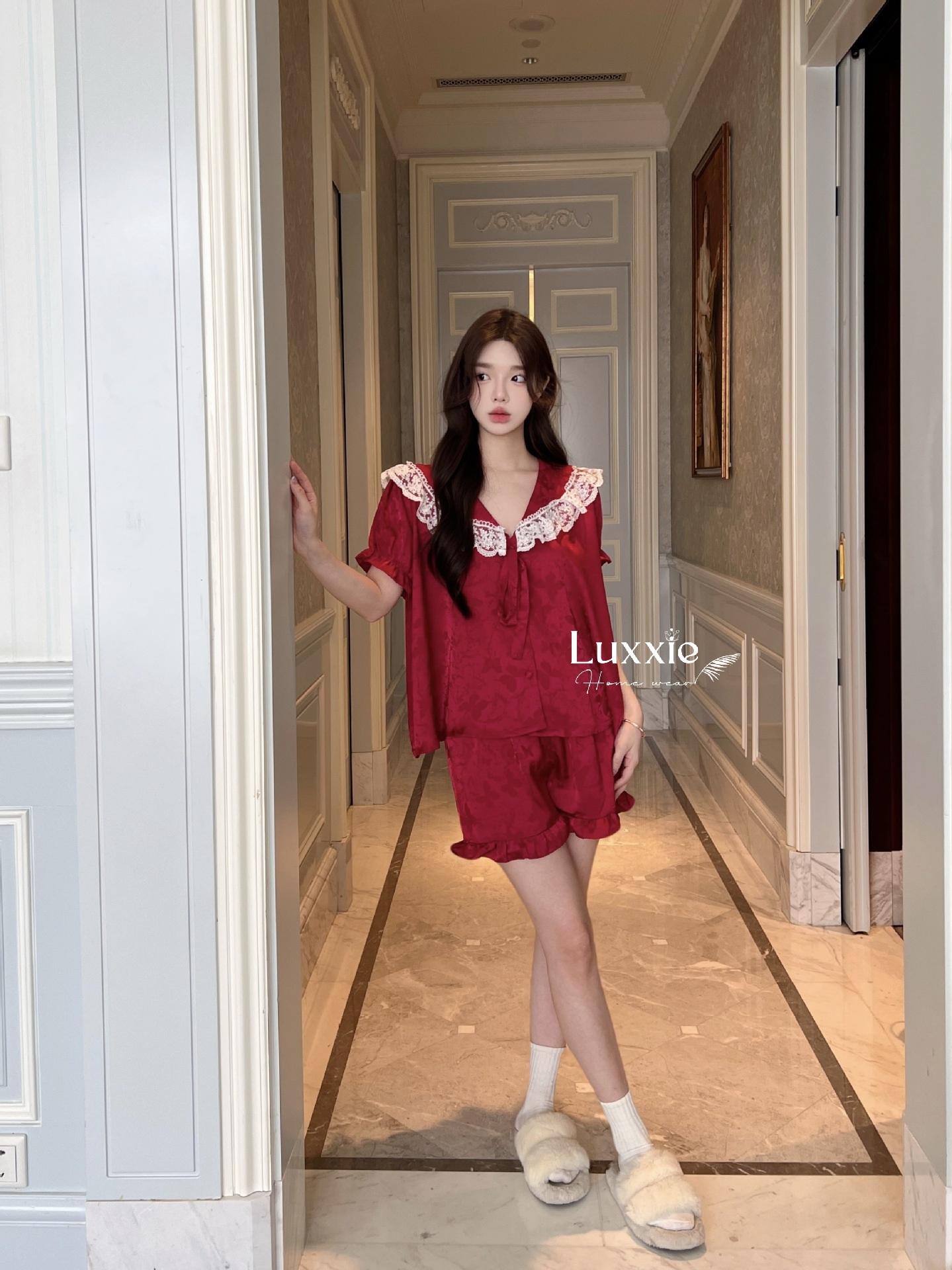 N108C Pijama lụa gấm hoa cổ ren trắng buộc nơ cộc đùi_23