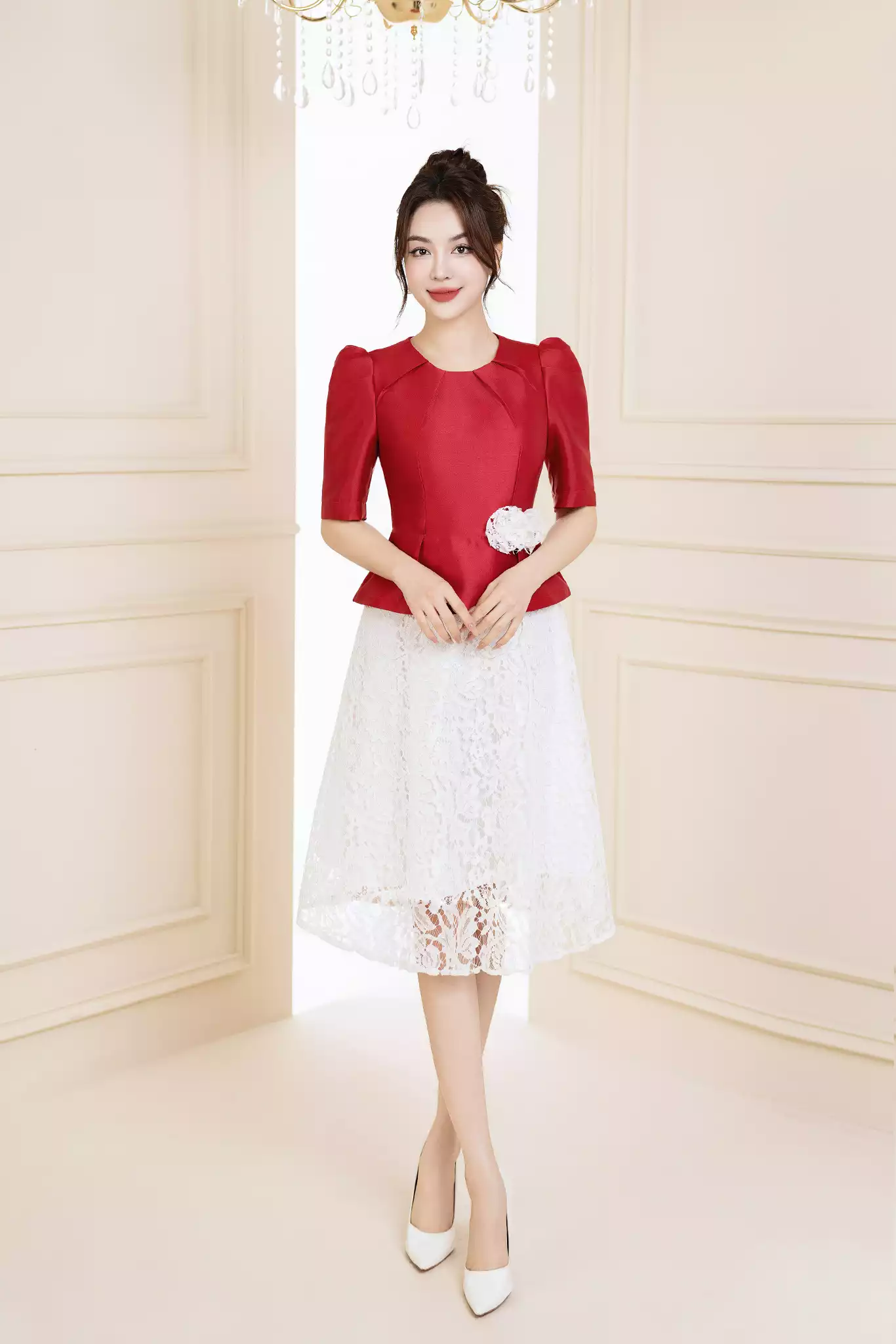 Có sẵn - Bigsize) Áo dài đỏ cách tân mặc Tết 2024 kèm chân váy xoè trắng  AD01 - Tìm Voucher