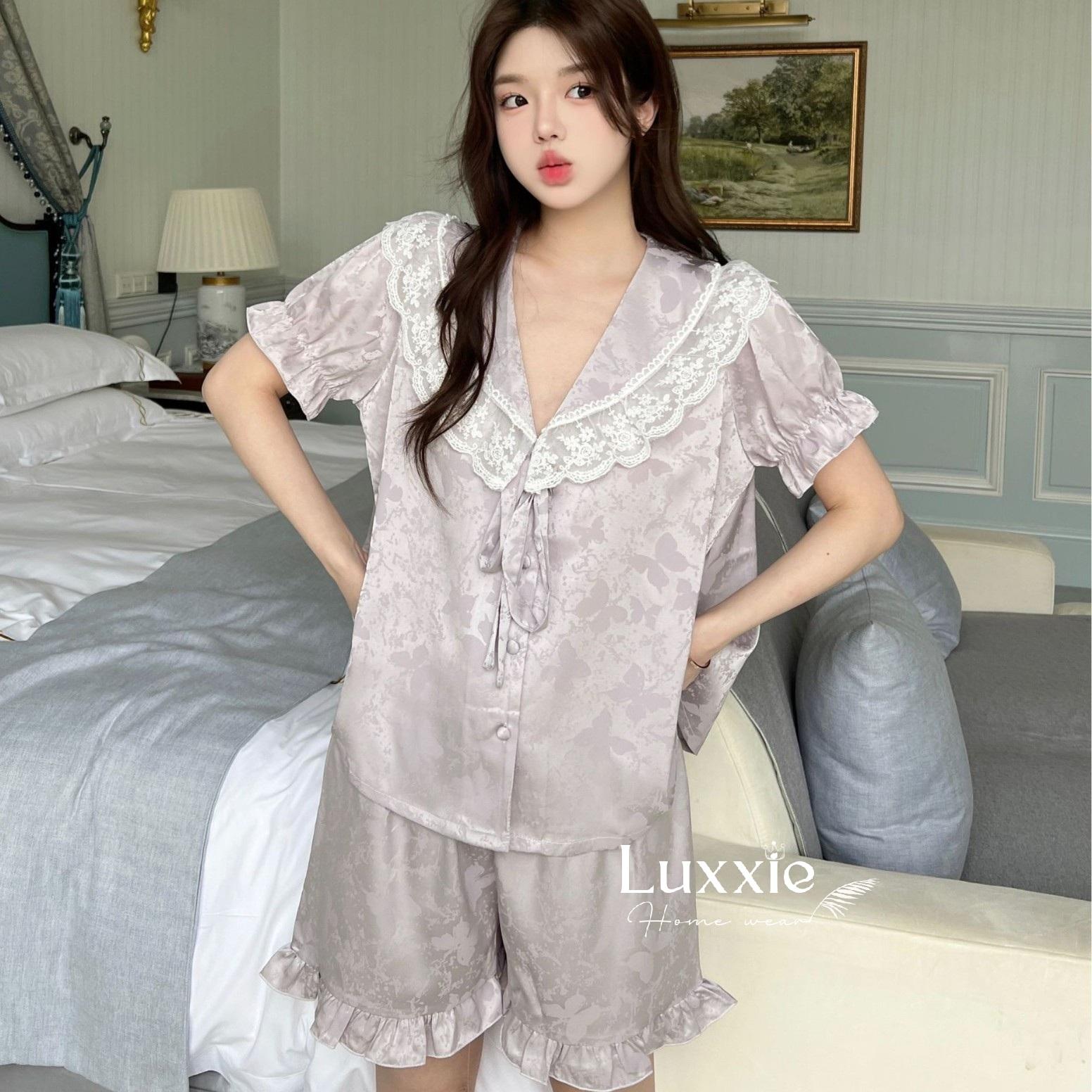 N108C Pijama lụa gấm hoa cổ ren trắng buộc nơ cộc đùi_15