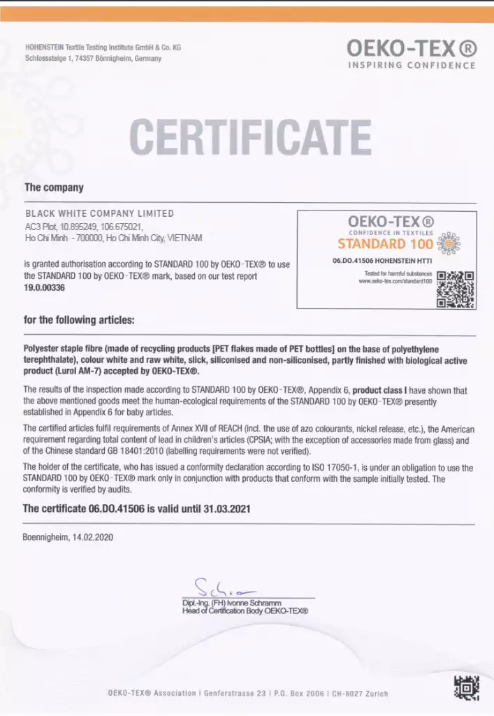 Black White đạt chứng nhận OEKO TEX 100 – với các dòng vải an toàn cho sức khỏe & thân thiện môi trường