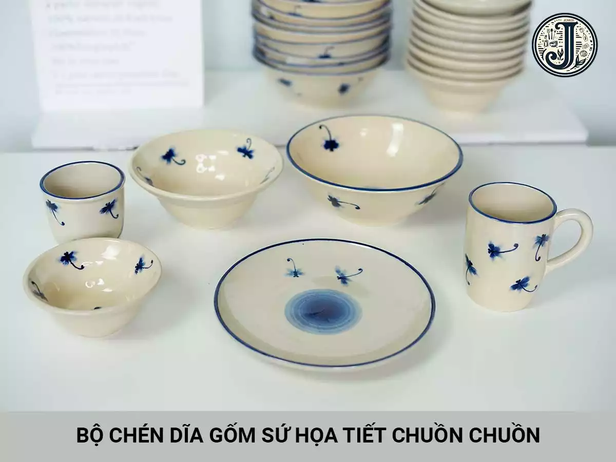 bộ bát đĩa gốm sứ xưa họa tiết chuồn chuồn