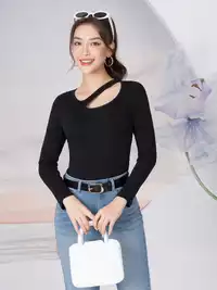 Áo thun nữ dáng ôm dài tay cổ cách điệu