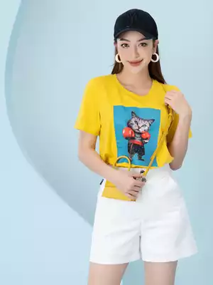 Áo phông nữ phom rộng in hình mèo