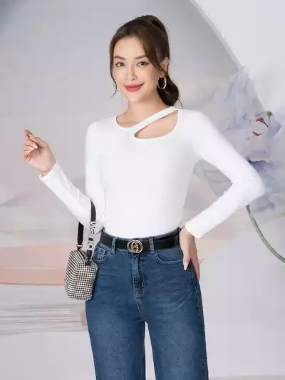  Áo thun nữ dáng ôm dài tay cổ cách điệu 
