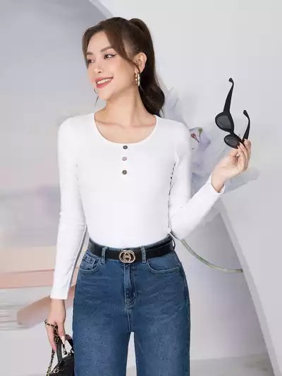 Áo thun nữ dáng ôm dài tay cổ đính 3 cúc