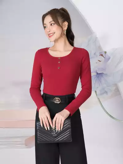 Áo thun nữ dáng ôm dài tay cổ đính 3 cúc