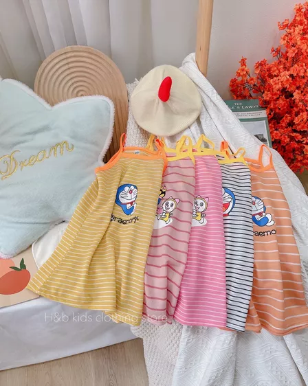 Product image - VÁY 2 DÂY KẺ ĐÔ RÊ MON