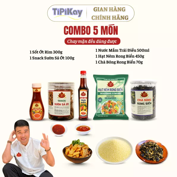 Product image - [Combo 5 món] 1 Nước Mắm Trái Điều 500ML + 1 Sốt Ớt Rim 300G + 1 Hạt Nêm Rong Biển 450G + 1 Snack Sườn Sả Ớt 100G + 1 Chà Bông Rong Biển 70G