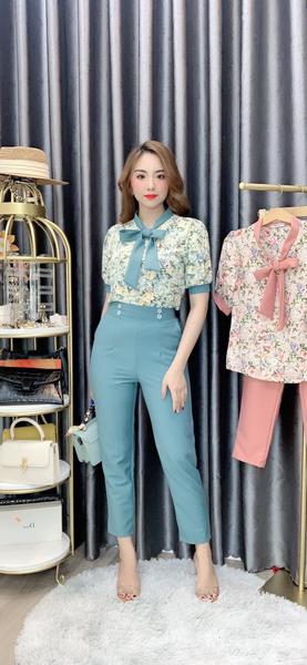 Set bộ đồ áo hoa quần lưng cao