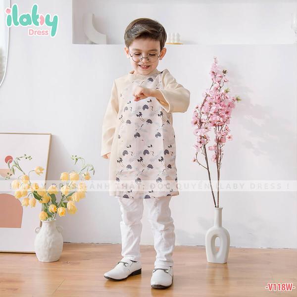 Áo dài bé trai họa tiết mèo thần tài