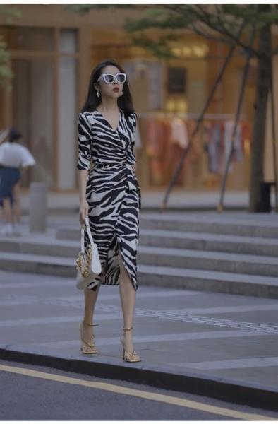 Đầm công sở họa tiết cổ V