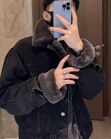 Jacket denim mix lông chồn xám