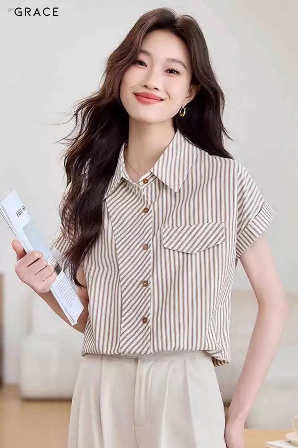 Product image - Sơ mi cộc tay họa tiết kẻ sọc chất cotton Hàn - SM041