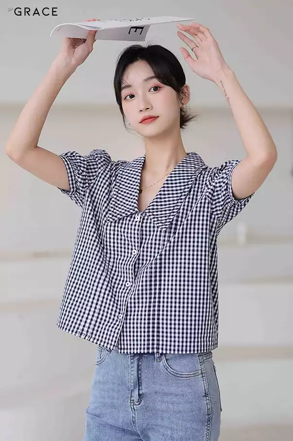 Product image - Sơ mi cộc tay họa tiết caro chất cotton Hàn - SM046