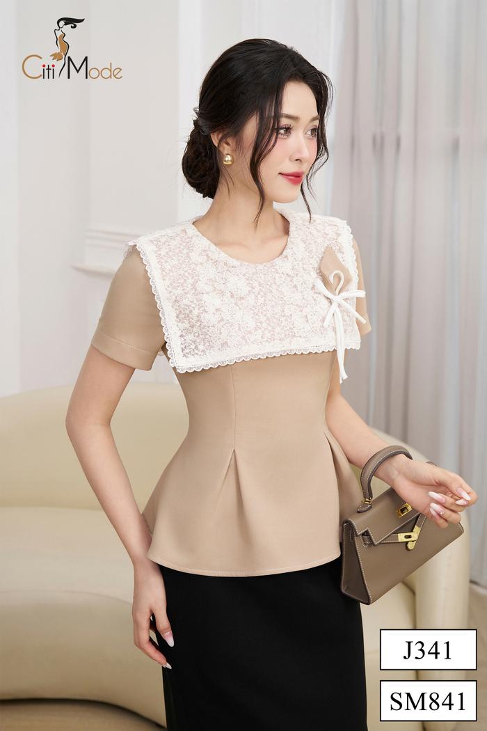 Sơ mi nâu phối cổ ren cách điệu đính hoa