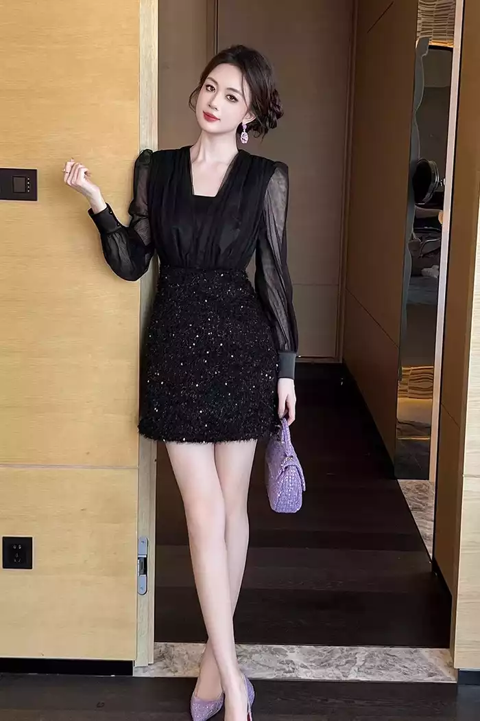 17104-Đầm tiệc đen tay dài phối kim sa ( voan, kim sa)