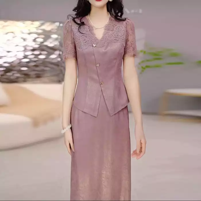 17555-Set áo phói ren  kèm chân váy suông ( lụa, ren)