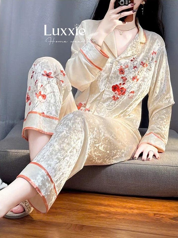 NHUNG20 Pijama vải nhung họa tiết hoa đào đỏ_3