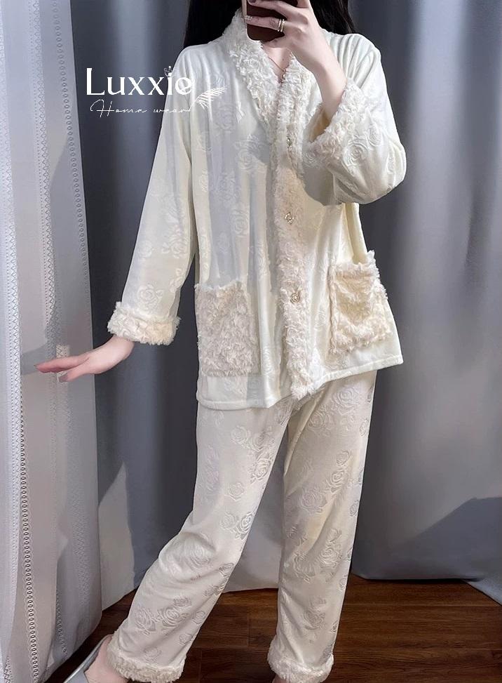 NHUNG10 Pijama vải nỉ nhung hoa hồng viền lông_6