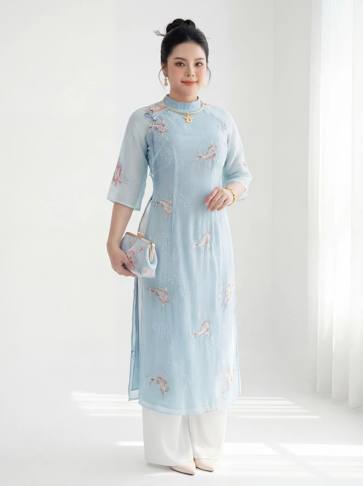 Áo dài xanh tay lỡ phối quần trắng, ảnh toàn thân.