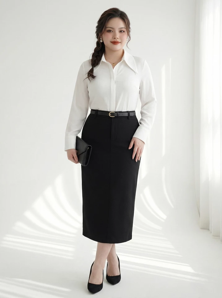 Sơ mi trắng phối chân váy đen dài, ảnh toàn thân.