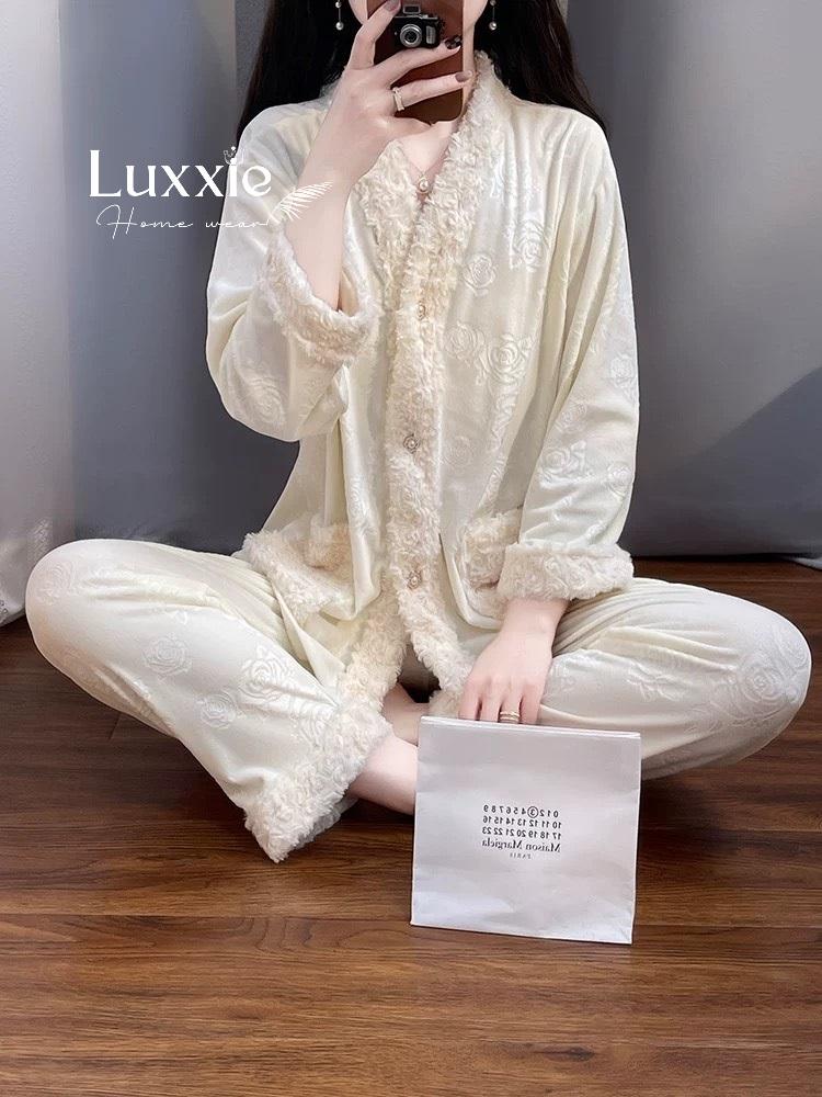 NHUNG10 Pijama vải nỉ nhung hoa hồng viền lông_3