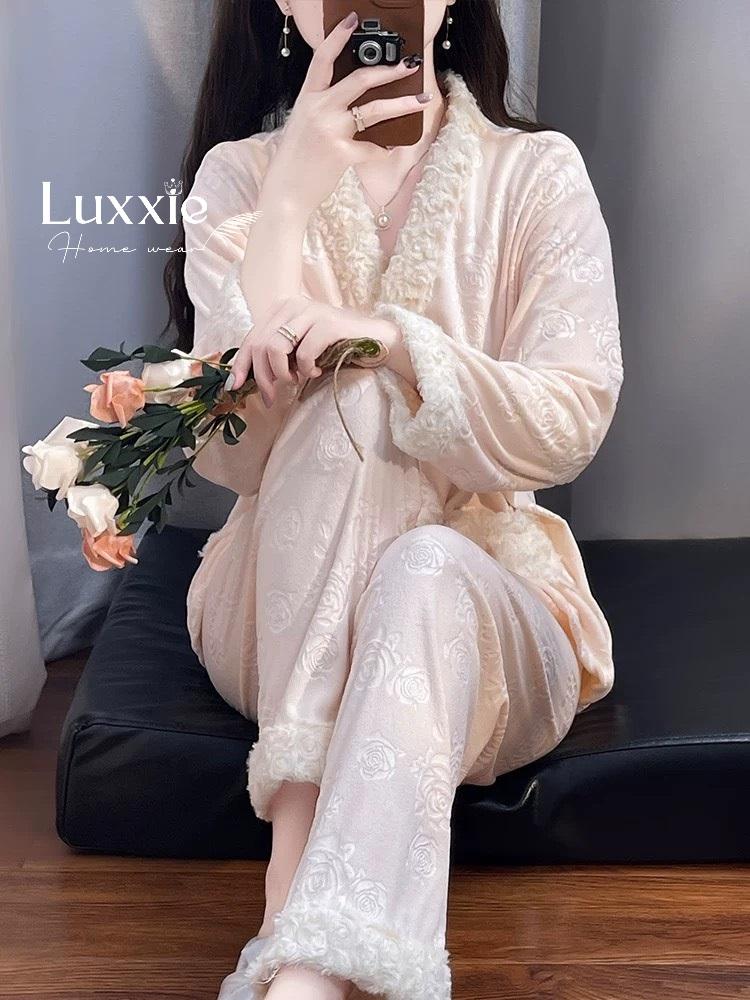 NHUNG10 Pijama vải nỉ nhung hoa hồng viền lông_9