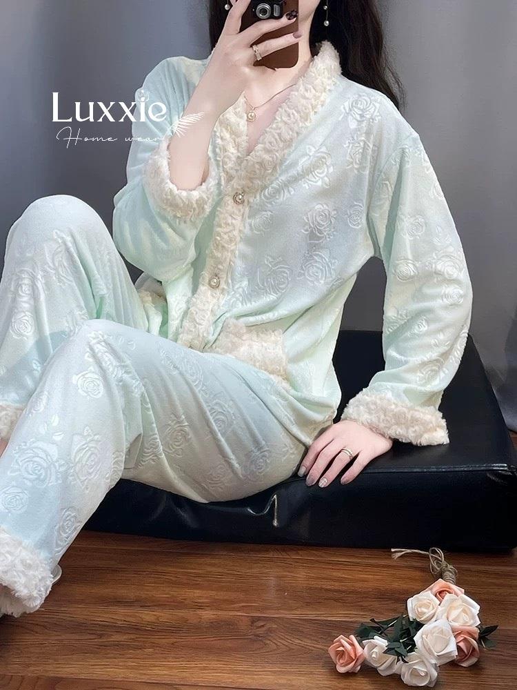 NHUNG10 Pijama vải nỉ nhung hoa hồng viền lông_14