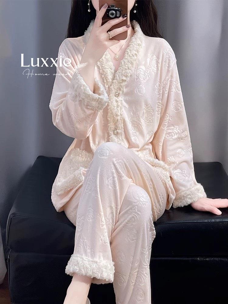 NHUNG10 Pijama vải nỉ nhung hoa hồng viền lông_7