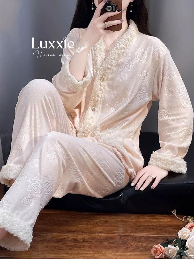 NHUNG10 Pijama vải nỉ nhung hoa hồng viền lông_10