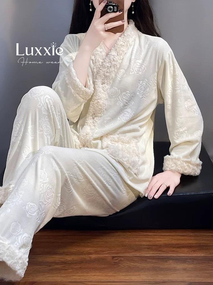 NHUNG10 Pijama vải nỉ nhung hoa hồng viền lông_4