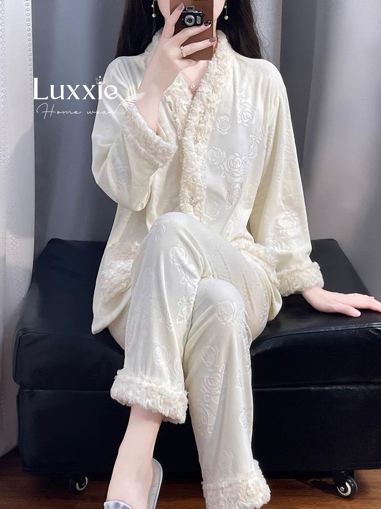 NHUNG10 Pijama vải nỉ nhung hoa hồng viền lông_1