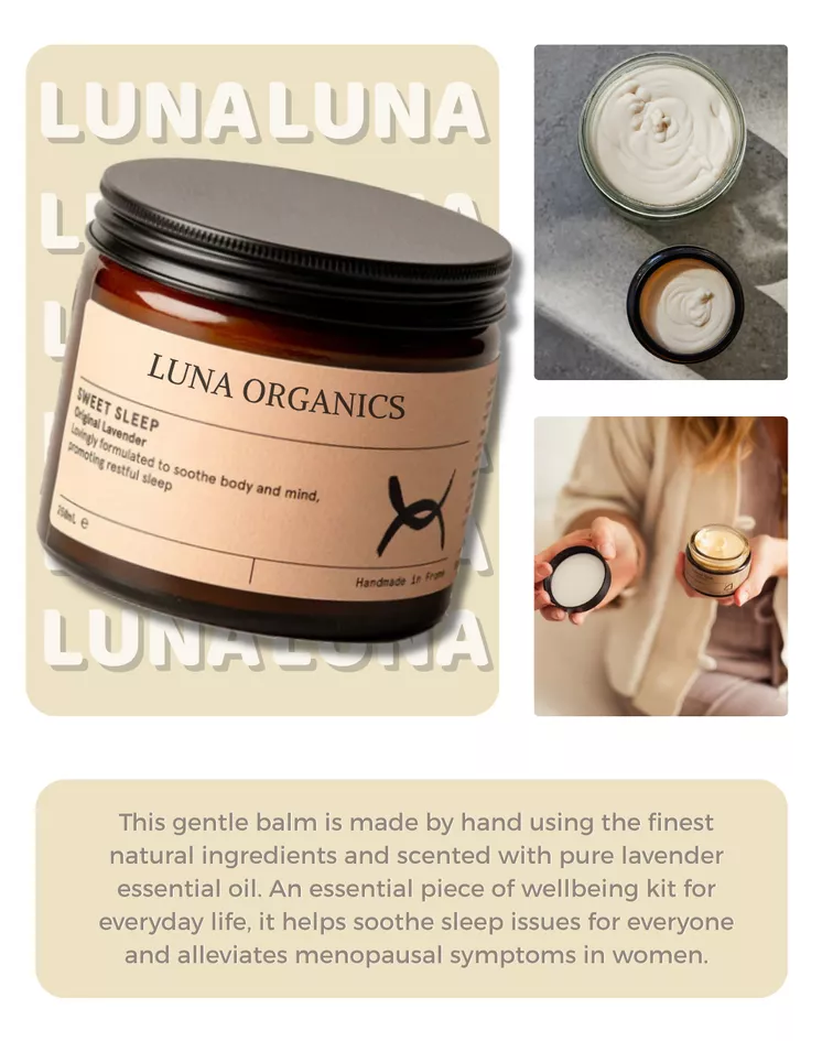 Product Showcase Card – jar with lifestyle photos and a note that the balm is handmade with natural ingredients and lavender essential oil
