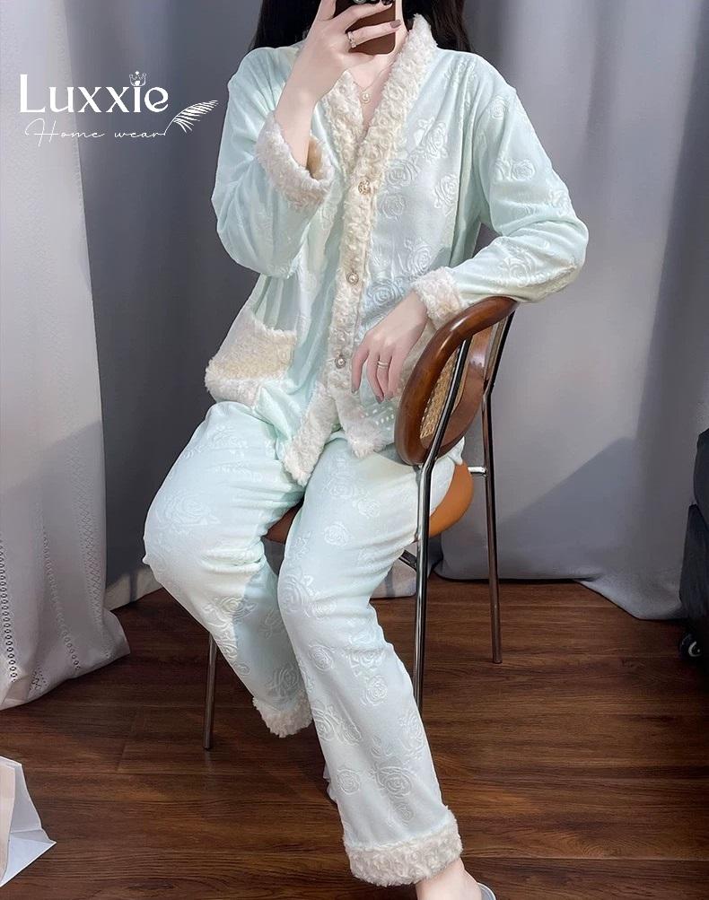 NHUNG10 Pijama vải nỉ nhung hoa hồng viền lông_16