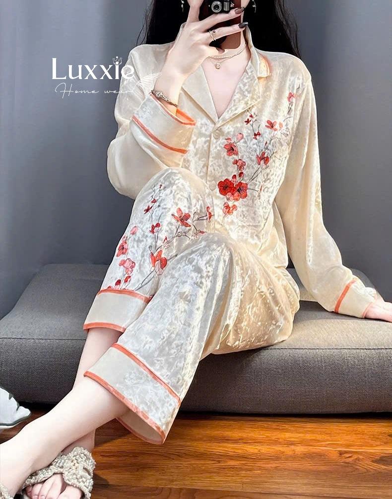 NHUNG20 Pijama vải nhung họa tiết hoa đào đỏ_2