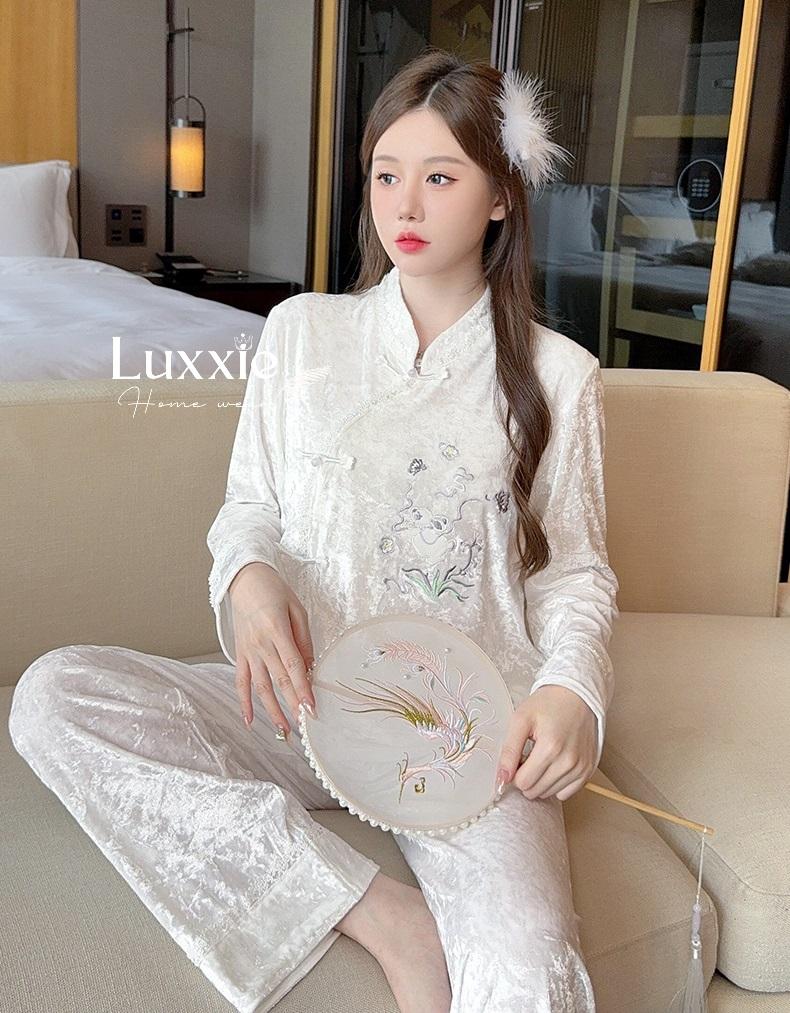 NHUNG17 Pijama vải nhung trắng phong cách trung hoa_2